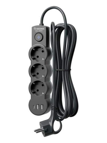 Удлинитель 3х3м с заземл. 10А IP20 USB 2800Вт 220В ПВС 3х1 с выкл. черн. КОСМОС YKsm3m3g-Z-VU10А-B фото 3 Удлинитель 3х3м с заземл. 10А IP20 USB 2800Вт 220В ПВС 3х1 с выкл. черн. КОСМОС YKsm3m3g-Z-VU10А-B фото 3